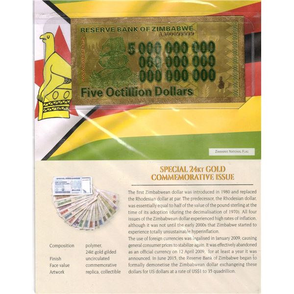 24 kt Gold Bank of Zimbabwe Five Octillion Dollars
