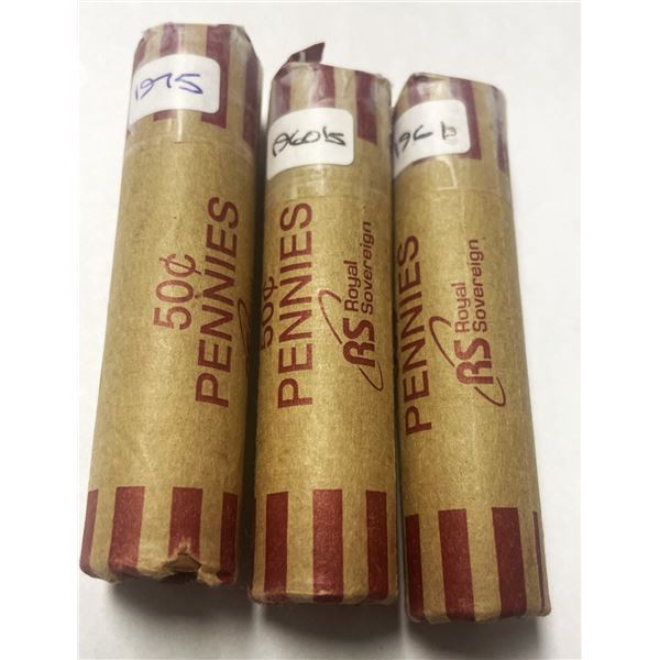 Three rolls of Canadian 1-cent coins: one 1960s, 1961 and 1975 roll