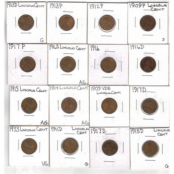 Early Lincoln Wheat Cents 1909–1933 – 16 Coins incl. 1909 VDB & 1911-D