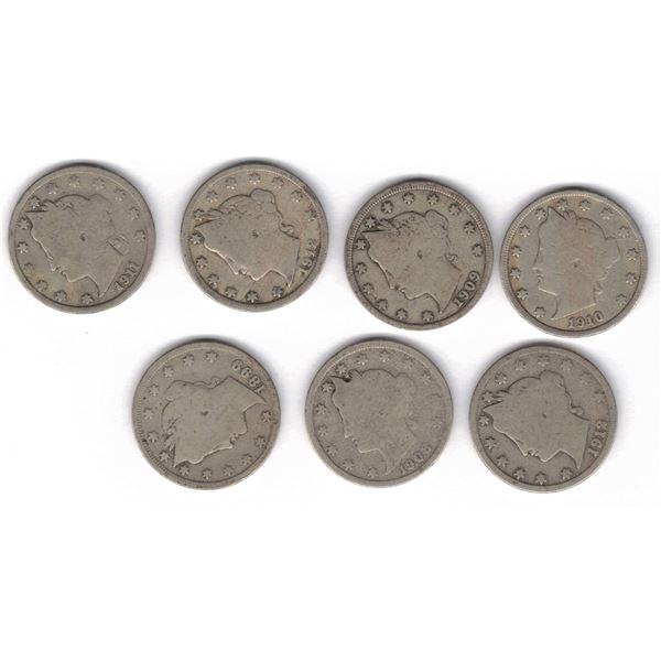 U.S. Liberty Head V Nickels 1899–1912 – 7 Coins incl. 1912-D