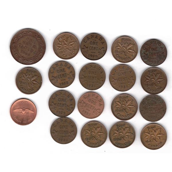 Canada Cent Collection 1920–1967 ,  – 19 Coins incl. Large Cent & Varieties