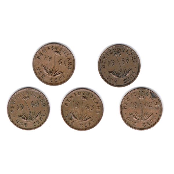 Newfoundland One Cent Coins 1938, 1941, 1942, 1943, and 1944