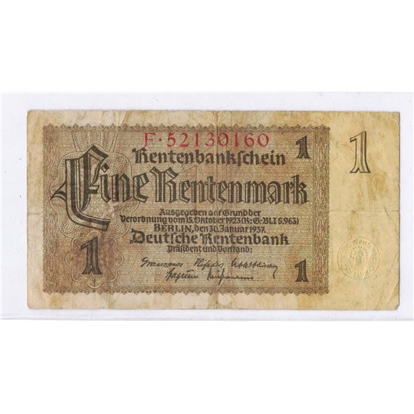 1937, 1 Rentenmark banknote (Rentenbankschein) issued by the Deutsche Rentenbank in Berlin