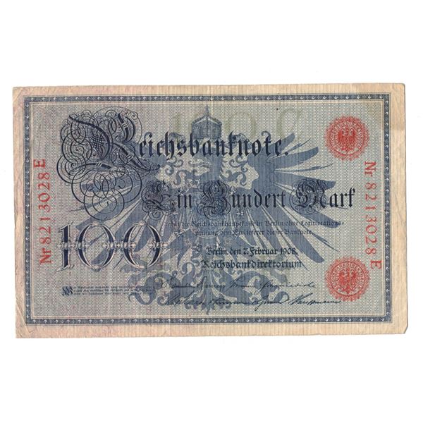 1908, 100 Mark Reichsbanknote issued by the German Empire (Deutsches Reich) dated February 7, 1908