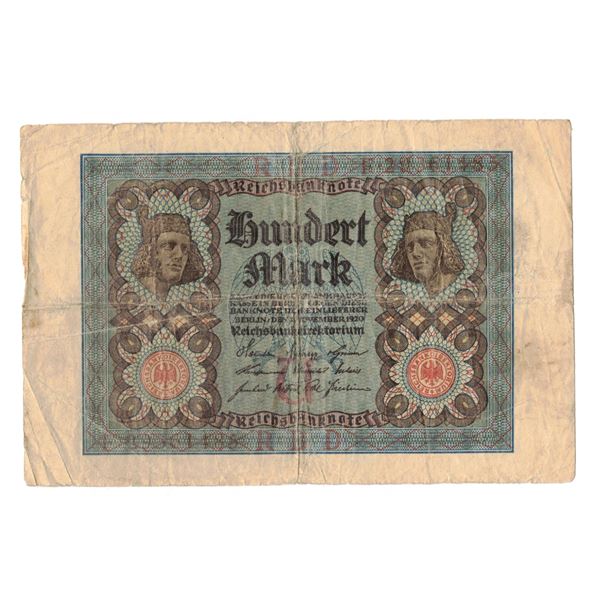 1920, 100 Mark Reichsbanknote issued by the German Weimar Republic, dated November 1, 1920
