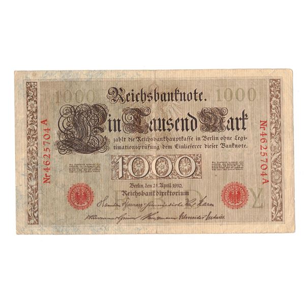1910,  1,000 Mark Reichsbanknote issued by the German Empire on April 21, 1910