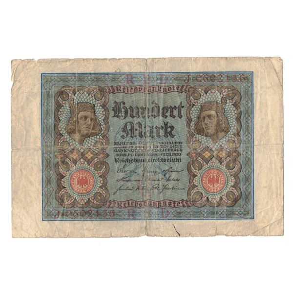 German 100 Mark (Hundert Mark) Reichsbanknote from the German Empire/Weimar Republic era