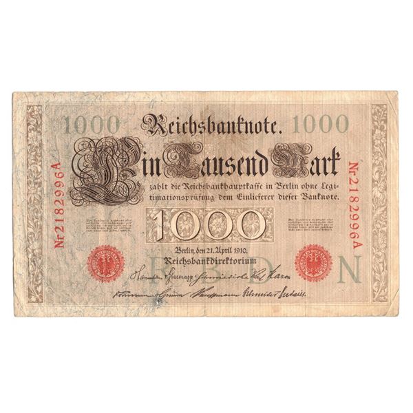 1910, 1,000 Mark Reichsbanknote issued by the German Empire (Kaiserreich) dated April 21, 1910