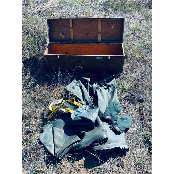 Wooden Tool Chest with Viking Waders and Gloves