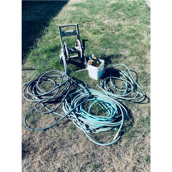Garden Hose Reel Cart, Hoses, and Sprayer Fittings