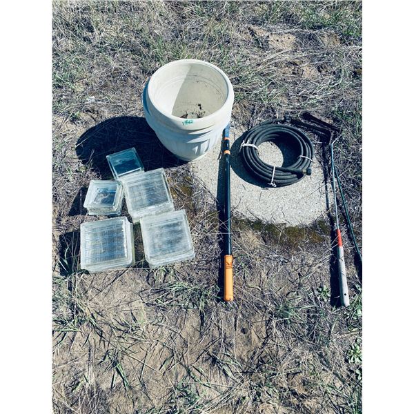 Glass Building Blocks, Planters, Hose, and Yard Tools