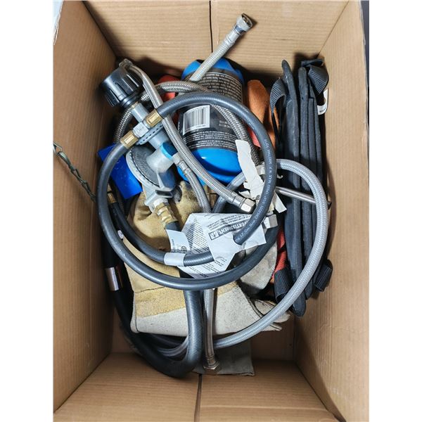 Box of LP Gas Regulators, Hoses, Torch Cylinder & Gloves
