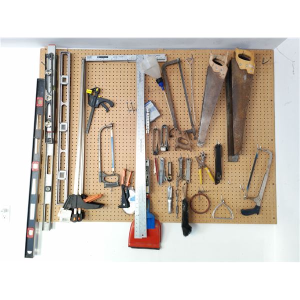 Workshop Hand Tool Assortment with Levels, Saws, and Clamps