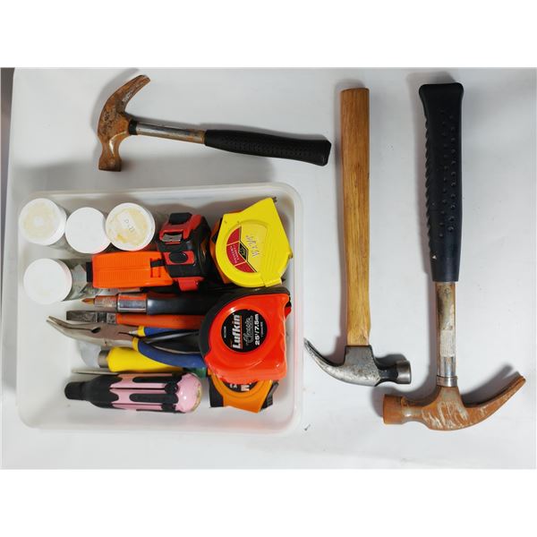 Assorted Hand Tools, Hammers, and Hardware Tray