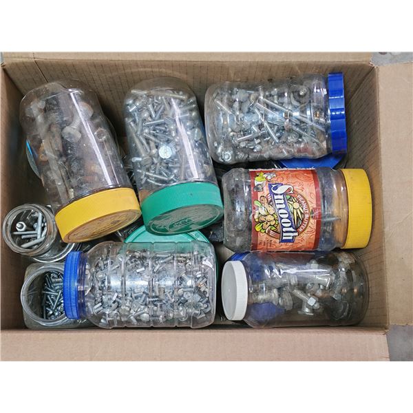 Box of Machine Screws, Nuts & Bolts in Jars
