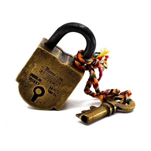 Antique Harrison 7-Lever Brass Padlock & Key