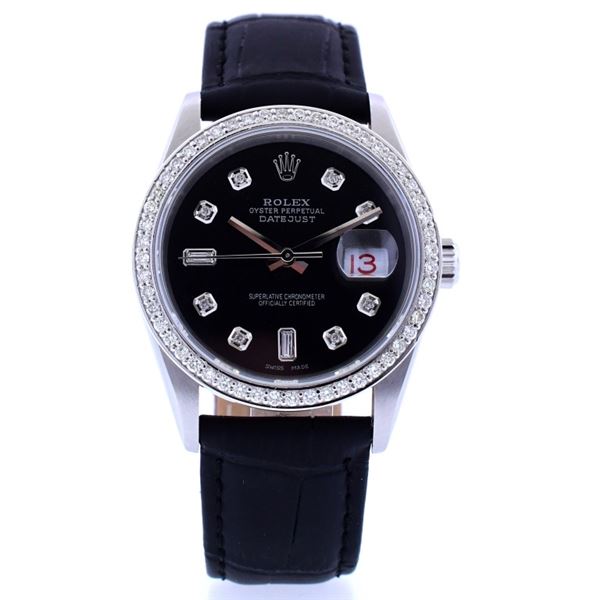 Rolex DateJust SS Black Dial 1.50ct Dia 36 Strap W