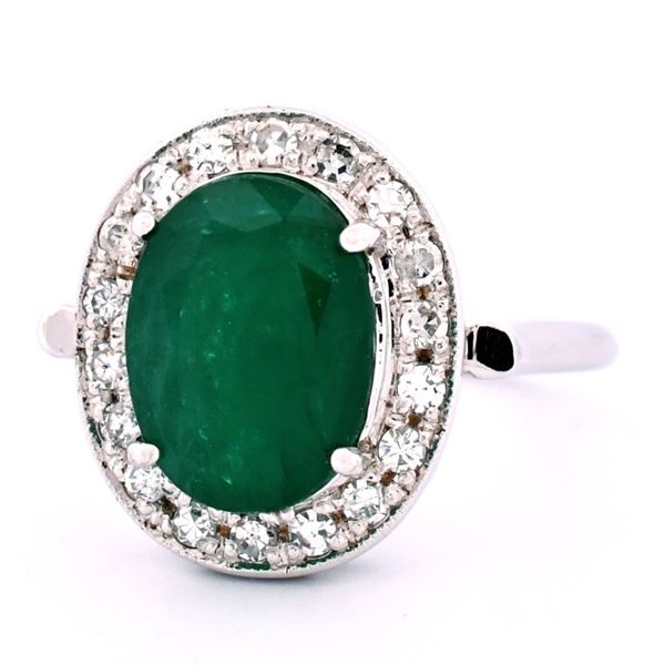 14K W Gold 6.50ct Emerald & 0.55ct Diamond Ring