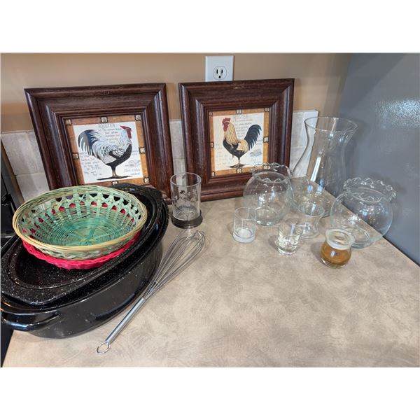 Kitchenware, Art Prints, and Baskets Lot