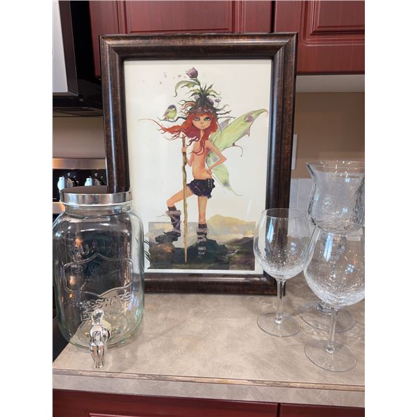 Framed Fairy Art, Glass Dispenser, 3 Glasses