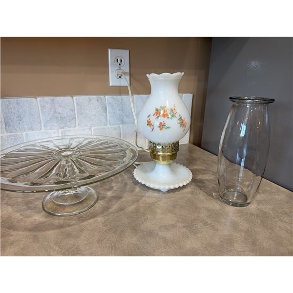 Milk Glass Table Lamp With Floral Design
