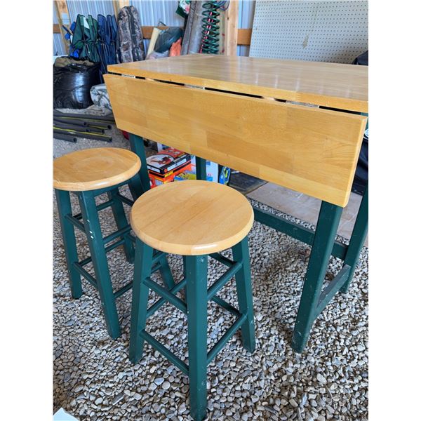 Wood Drop-Leaf Table With 2 Green Bar Stools
