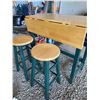 Image 1 : Wood Drop-Leaf Table With 2 Green Bar Stools