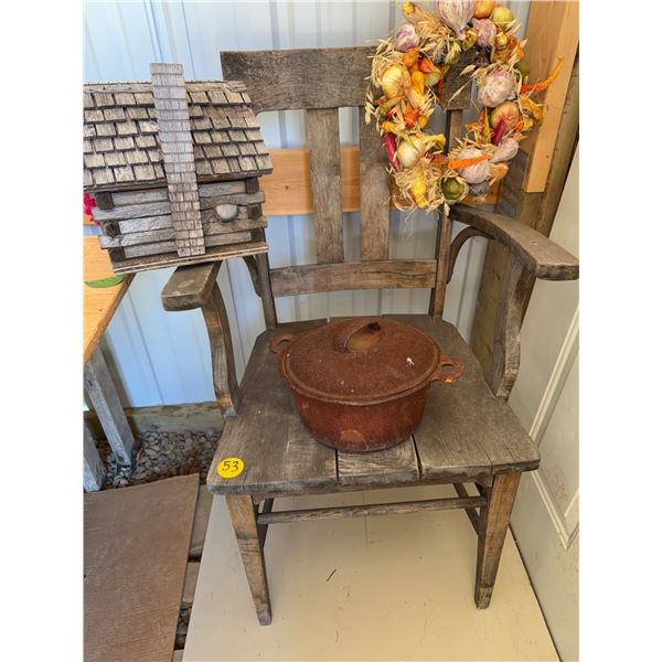 Wooden Chair, Log Cabin Birdhouse, Cast Pot Lot