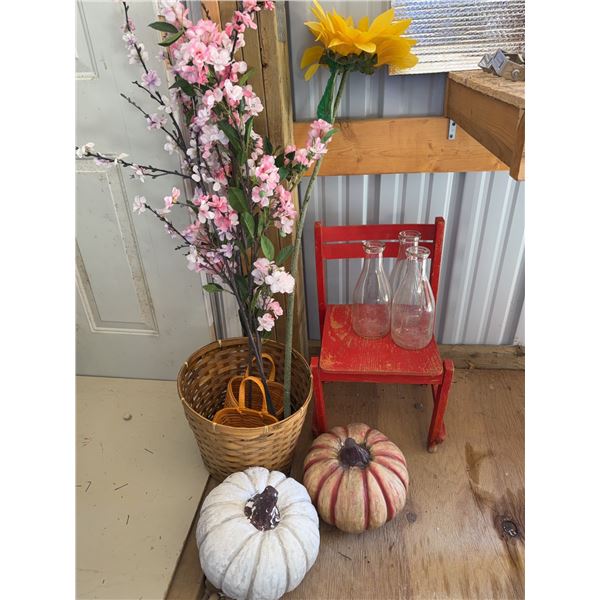 Red Wooden Child's Chair, Bottles, Faux Plants