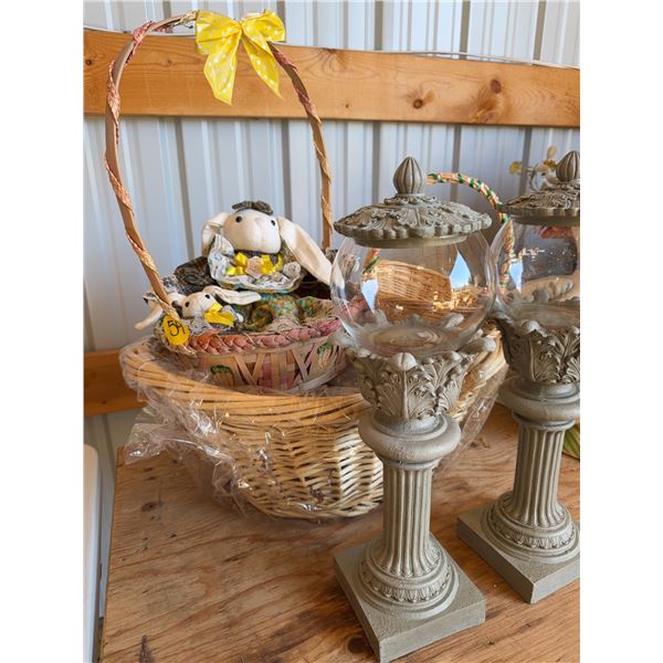 Decorative Bunny Basket & 2 Finial Glass Lanterns