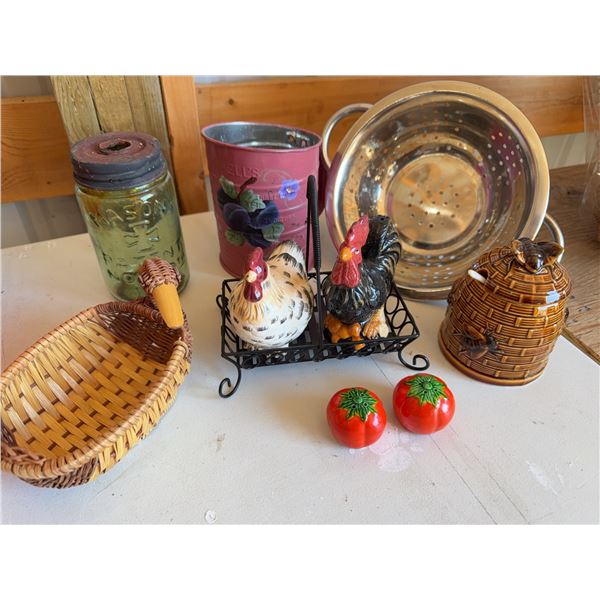 Mason Jar, Rooster Shakers, Basket, Kitchen Lot