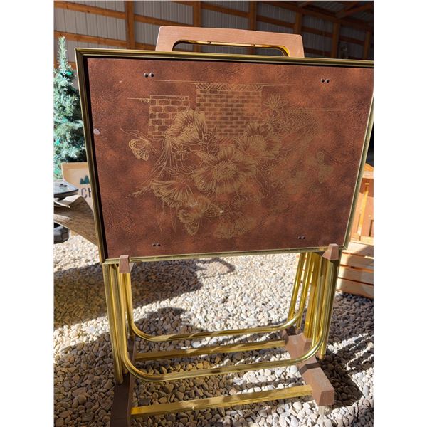 4 Floral Metal TV Trays With Stand