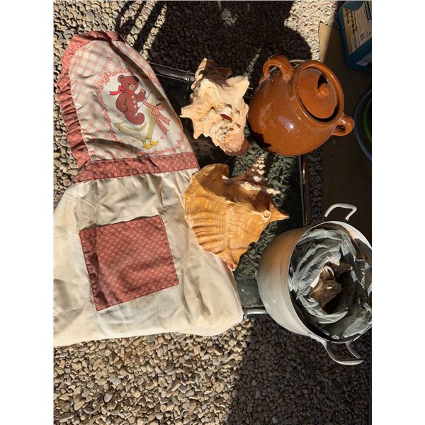 Lot: Shells, Pottery Jar, Apron, Metal Table
