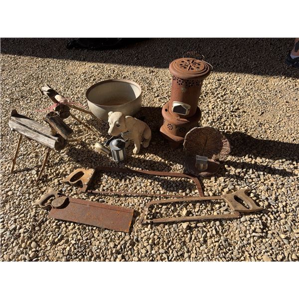 Lot: Saws, Bowl, Heater, Figurines, Decor
