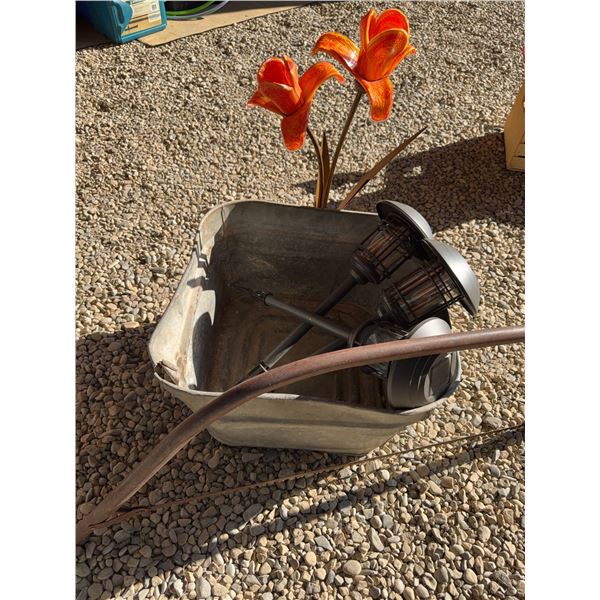 Garden Decor Lot: Tub, Solar Lights, Metal Flower