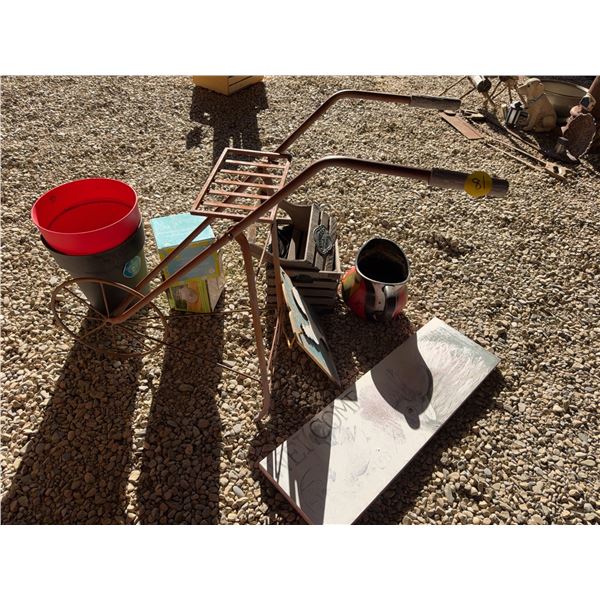Garden Decor Lot With Stand, Pots, Signs