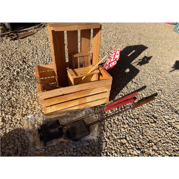 Lot: Wood Crates, Pie Irons, Pinwheel