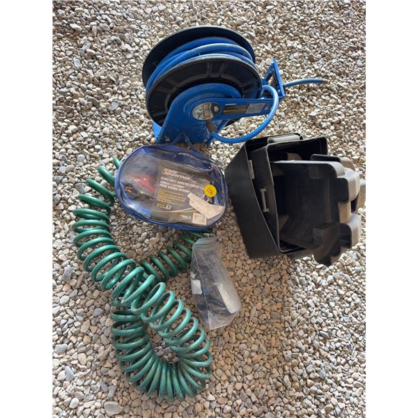 Mastercraft Air Hose Reel With battery covers, heavy duty booster cables, hoes and mirror