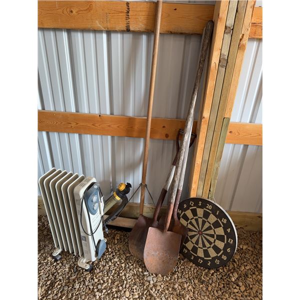 Radiator Heater, 3 Shovels, Dart Board and water Sprinkler