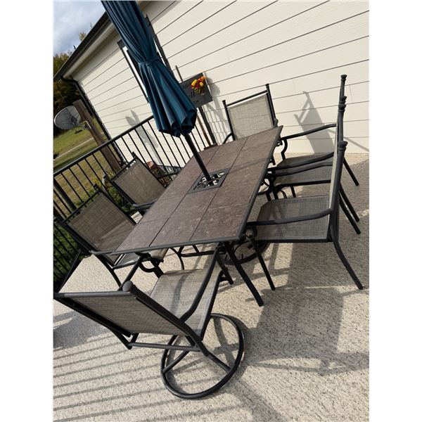 Outdoor Patio Table Set With Umbrella, 6 Chairs