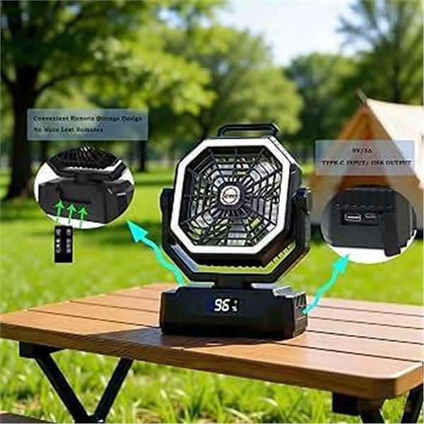 D10 Battery Camping Fan with LED, 15W, Black