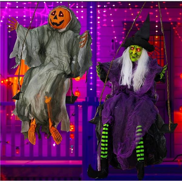 2 Pack Light Up Halloween Hanging Witch and Pumpkin with Lighted Eyes, 4ft Swinging Pumpkin Face Gho