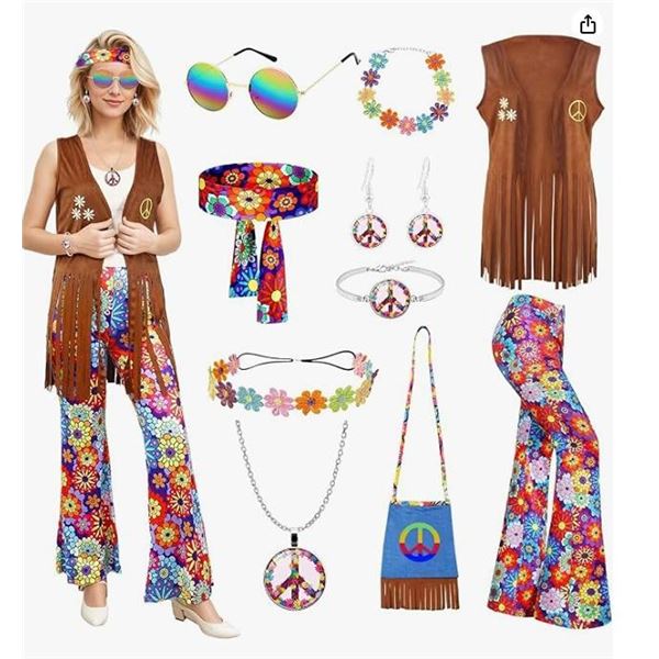 70s Fancy Dress Women,Hippie Costume with Fringe Vest Flared Pants,1970s Retro Hippie Outfit for Car
