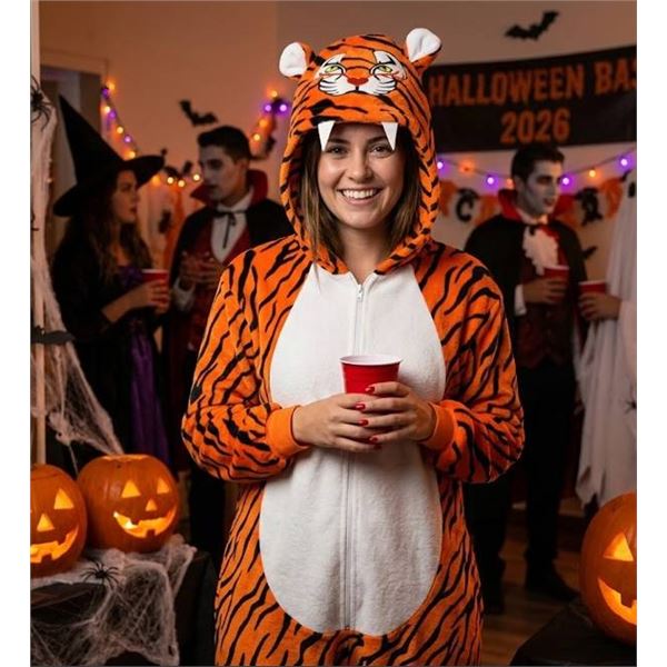 Adult Large Tiger Print Hooded Onesie Costume