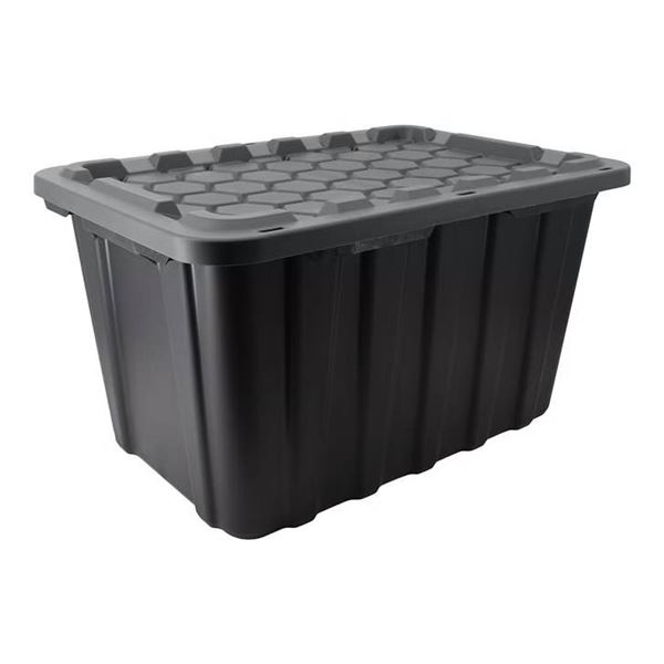 2 Black Plastic Storage Bins With Lids