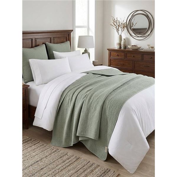 Evergrace Cotton Ribbed Coverlet Set Green