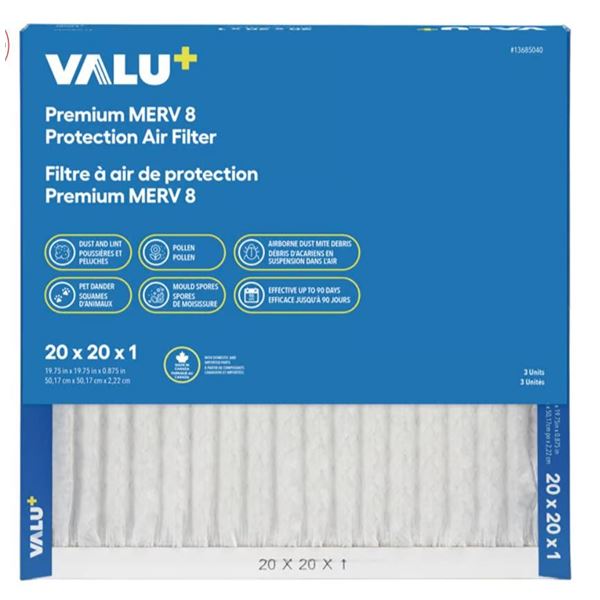 Valu+ MERV 8 Air Filter 20x20x1 Lot of 4
