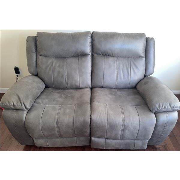 Grey Suede-Like Upholstery Double Power Reclining Loveseat Sofa
