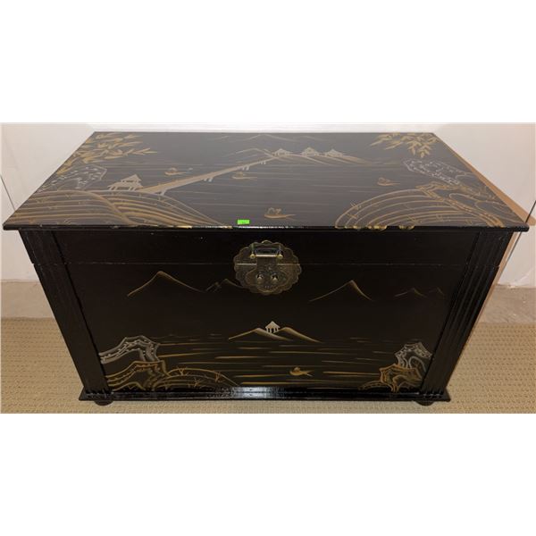 Black Lacquered Wood Chest with Asian Motif and Brass Hardware