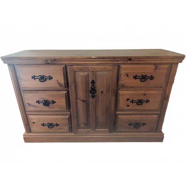Solid Pine Chest of Drawers with Centre Cabinet and Decorative Iron Handles
